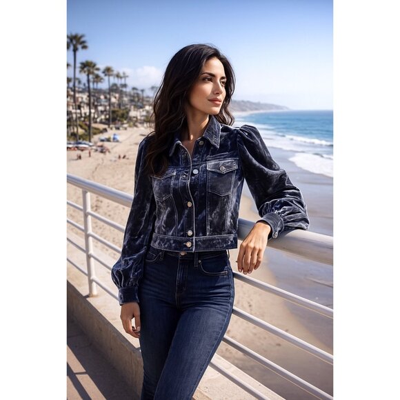 Cinq à Sept Dillon Cropped Crushed Velvet Jacket – Slate Gray Blue XS NEW - Picture 4 of 16